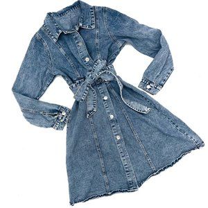 Denim dress button belted denim dress jeans dress long sleave a-line casual Offi